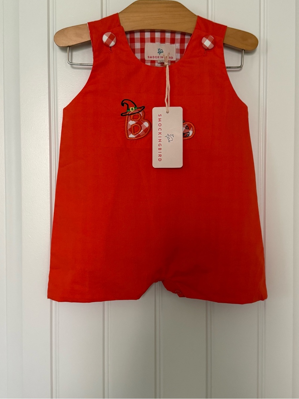 NWT Smokingbird Pumpkin Jack-O-Lantern Shortall Orange Gingham 9M 🎃
